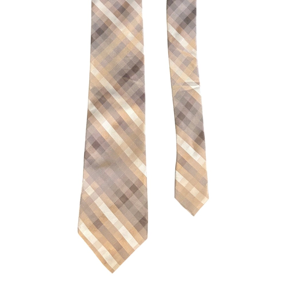 Calvin Klein | Mens Silk Tie Tan Beige Brown Diagonal Plaid Necktie